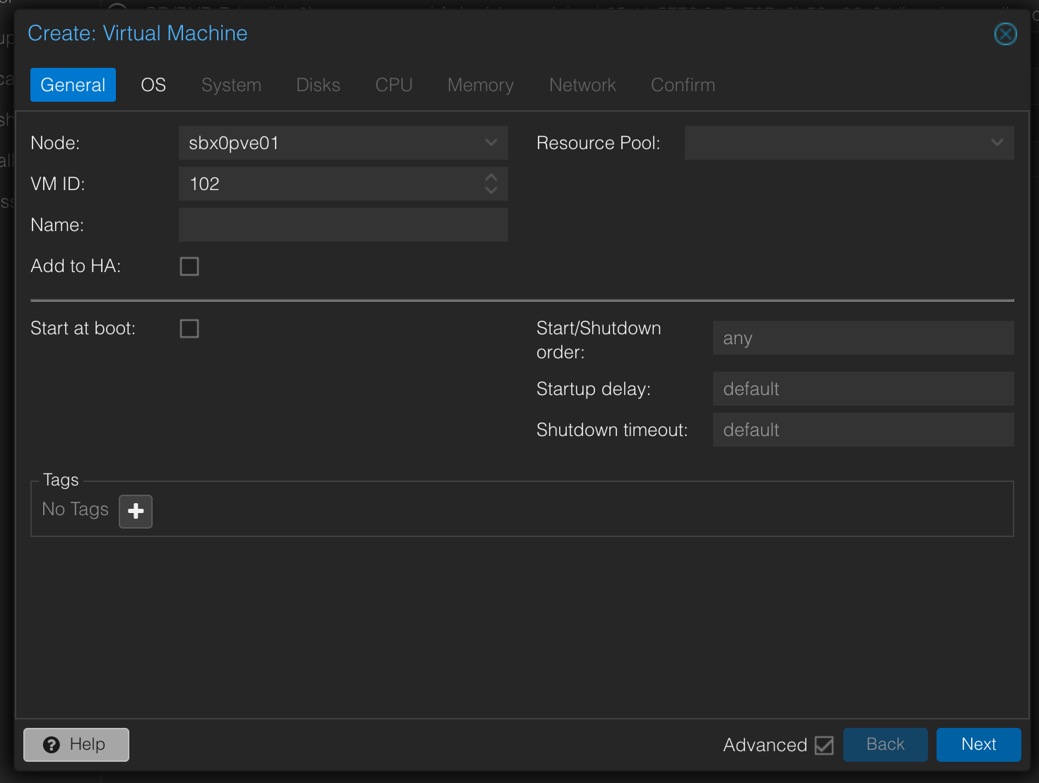 VM Creation General screen