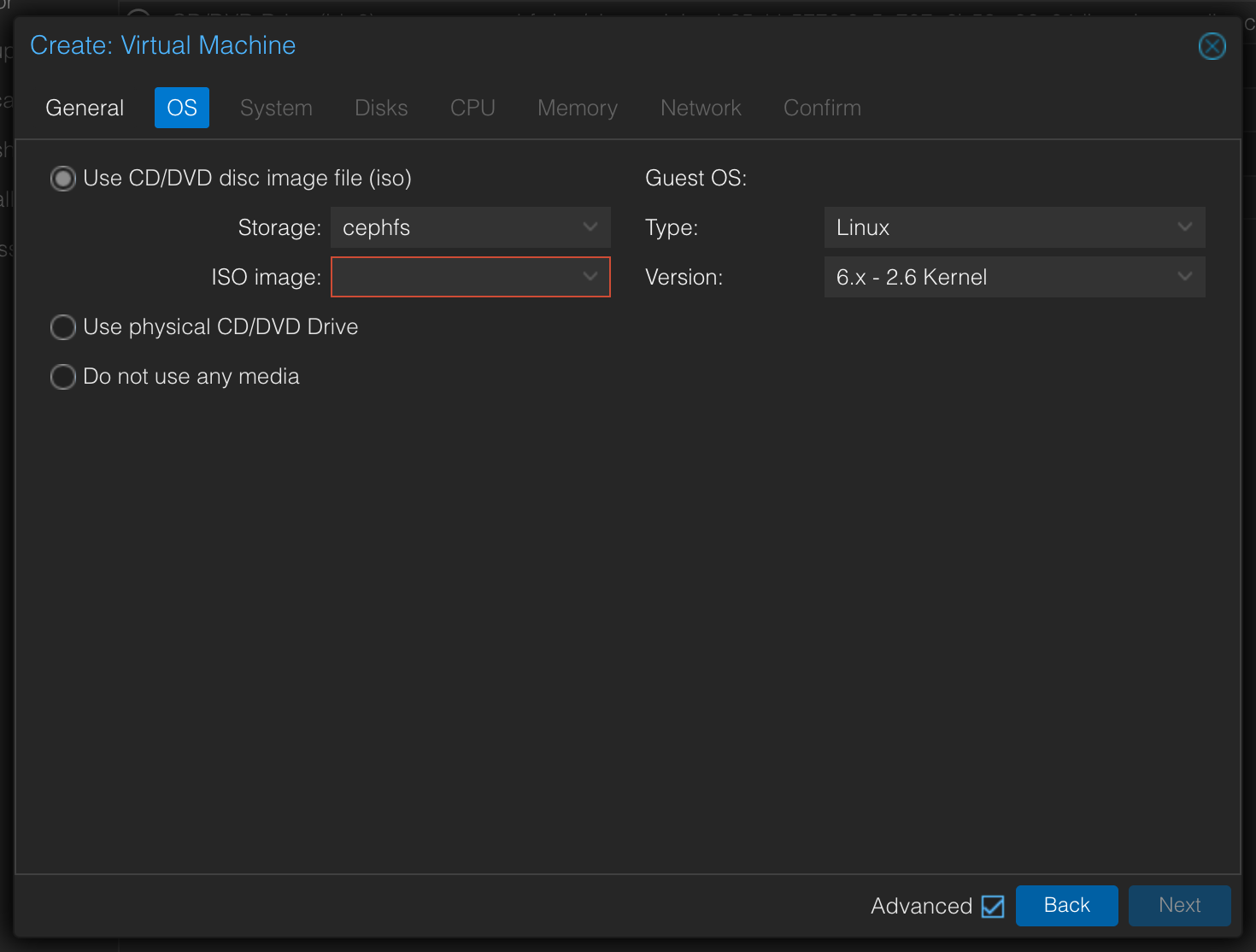 VM Creation OS screen