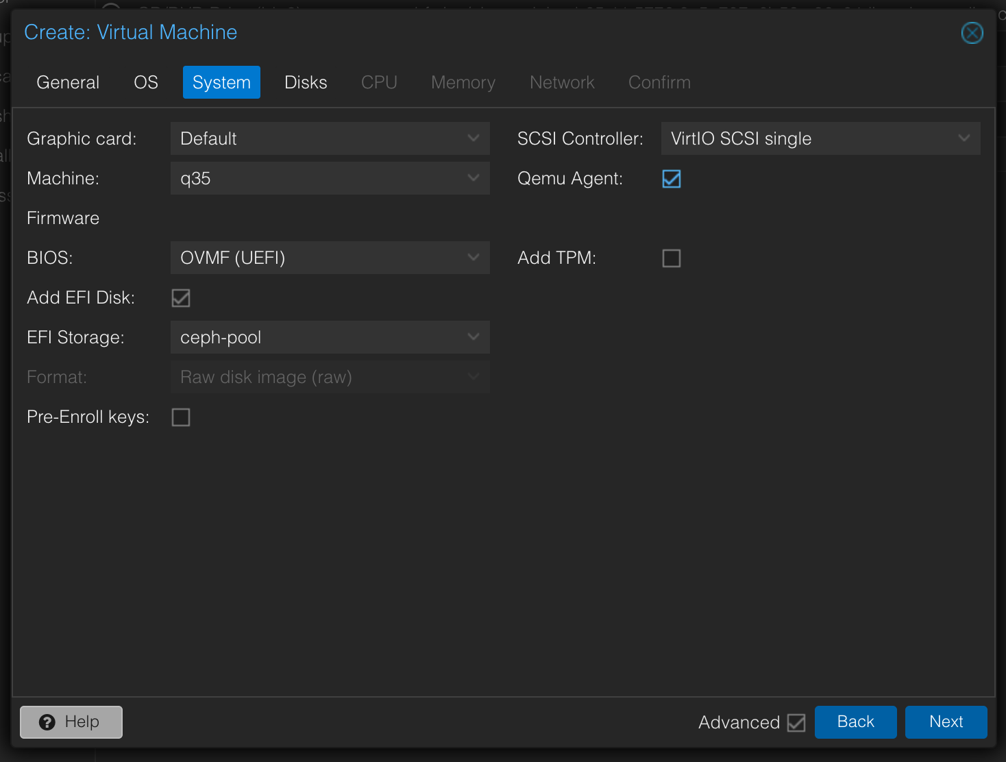 VM Creation System screen