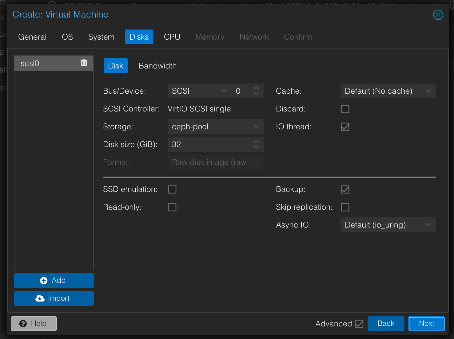 VM Creation Disks screen