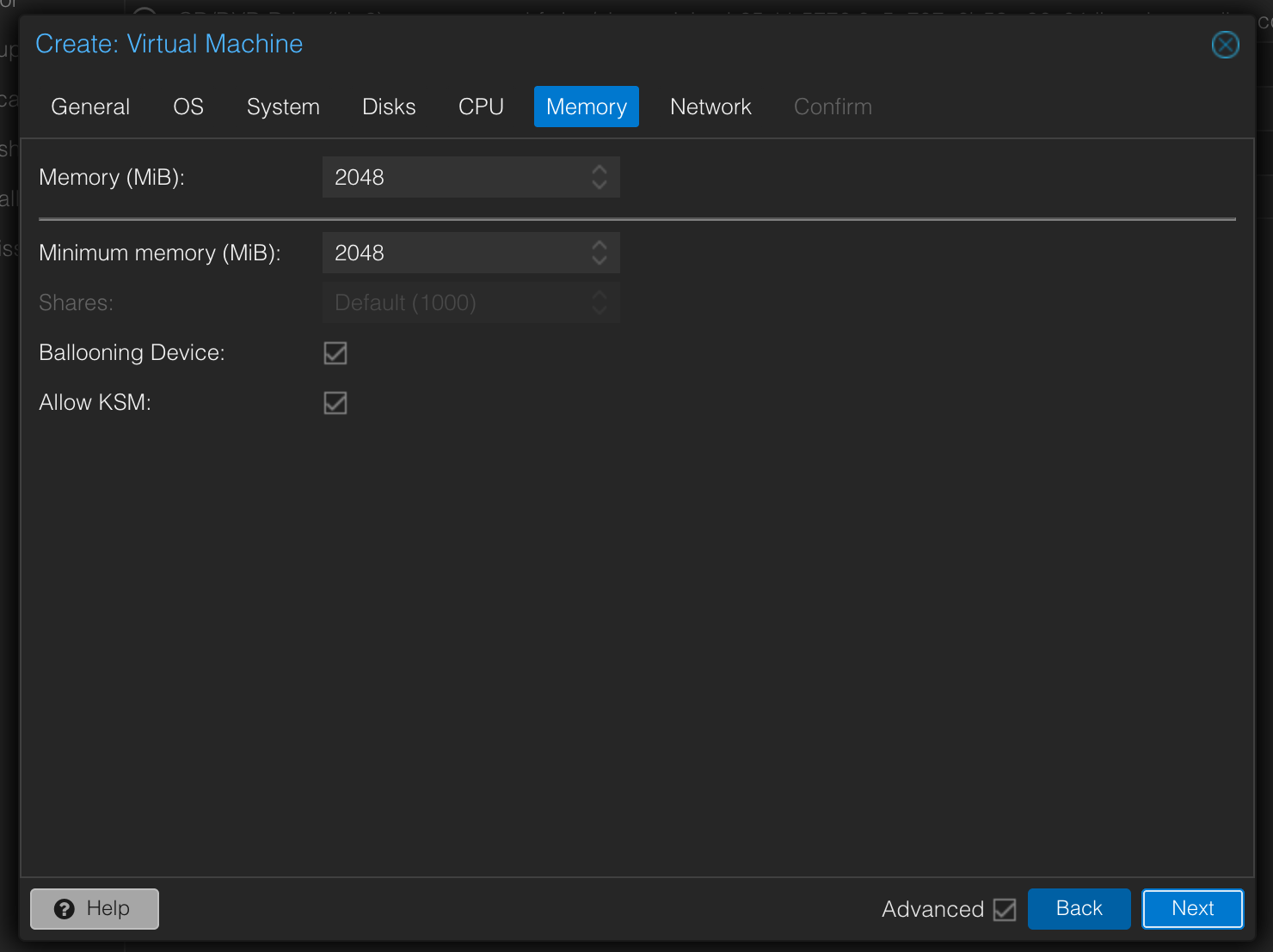 VM Creation Memory screen