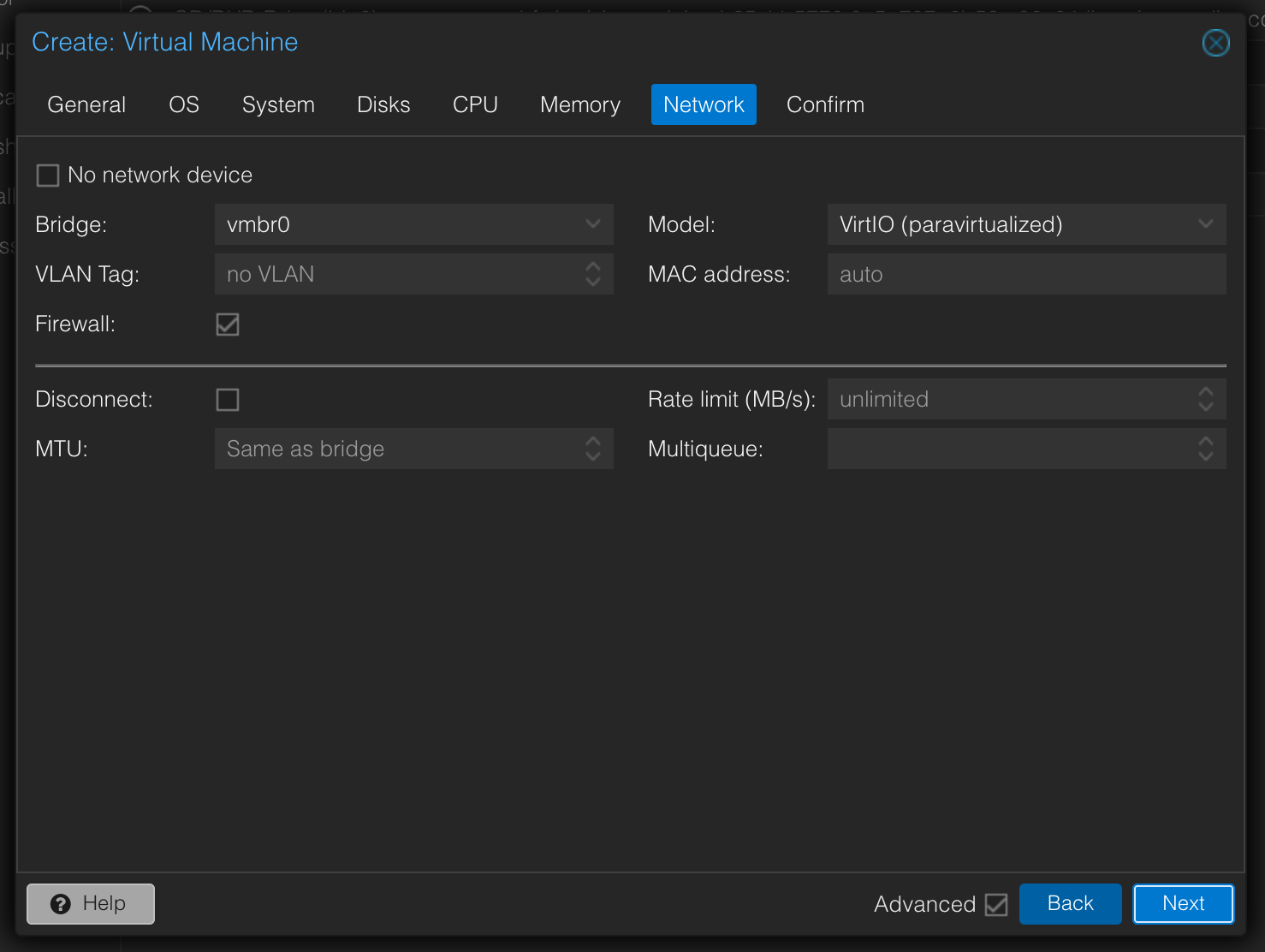 VM Creation Network screen
