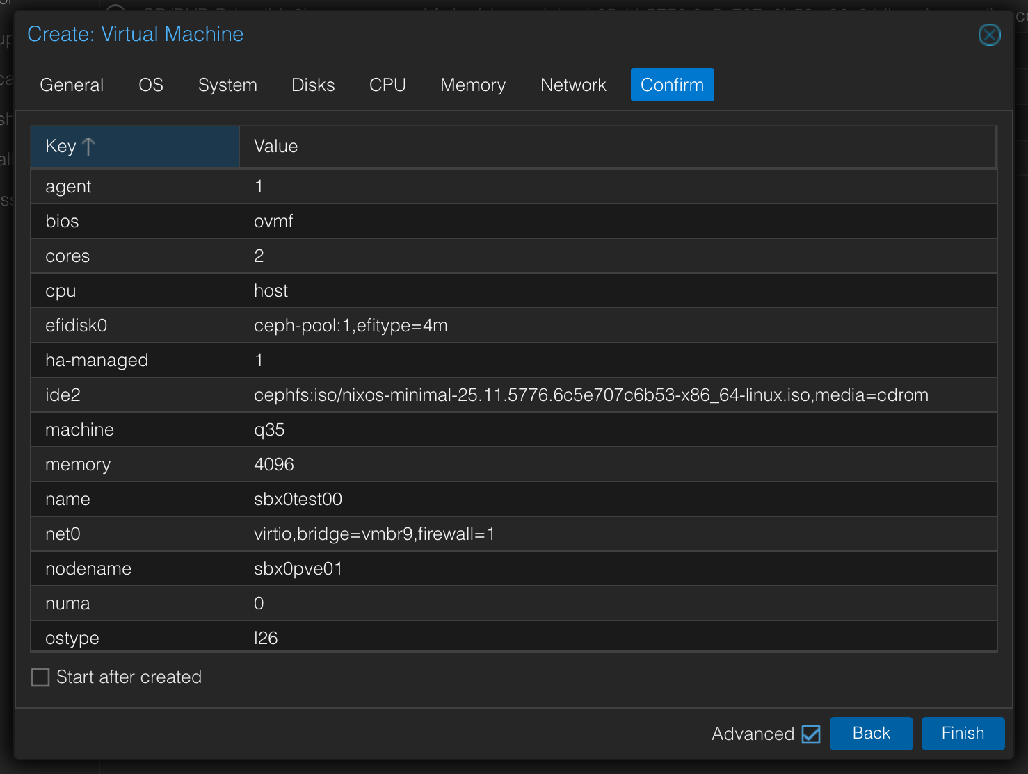 VM Creation Confirm screen